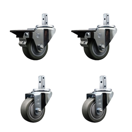 Service Caster 3'' Gray Polyurethane Wheel Swivel 7/8'' Square Stem Caster Set 2 Brakes, 4PK SCC-SQ20S314-PPUB-GRY-PLB-78-2-S-2